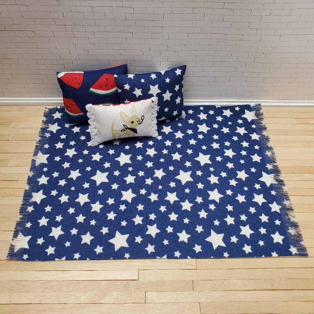 Miniature Dollhouse 1:12 Scale Blue Star Rug Pillows Maileg